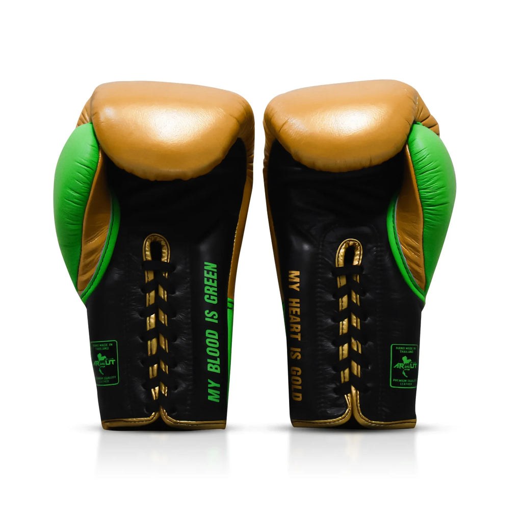 Arwut x WBC BG3 bokshandschoenen, kleur Goud/Groen, achterkant