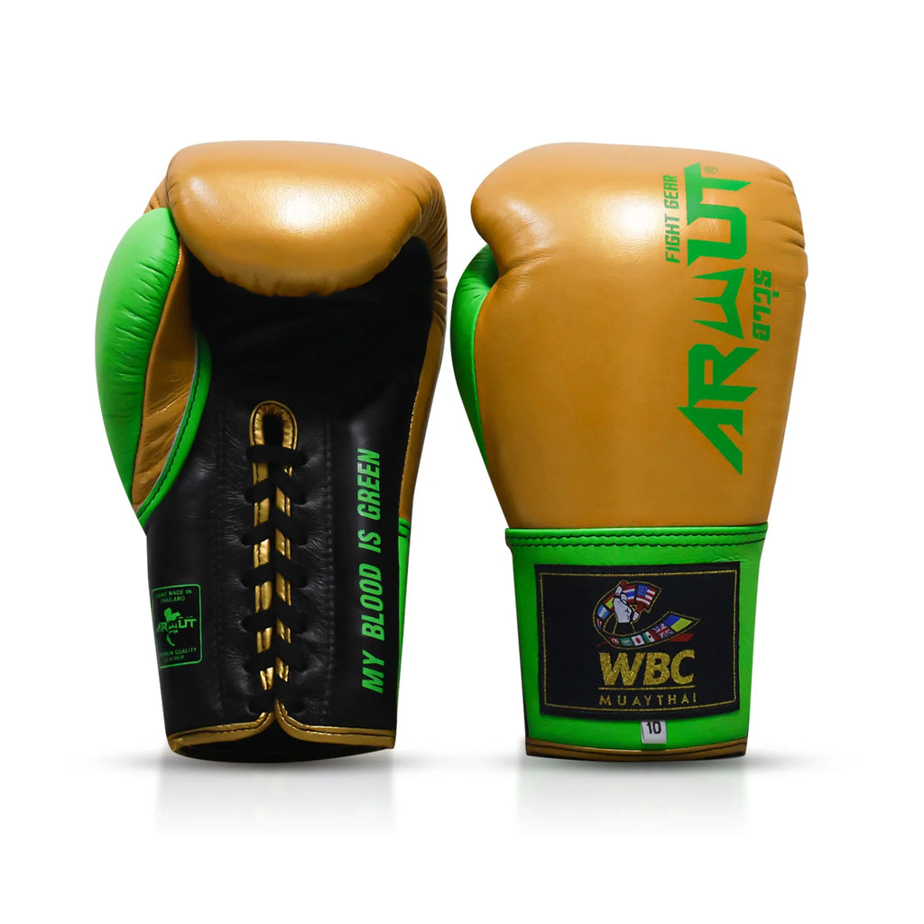 Arwut x WBC BG3 bokshandschoenen, kleur Goud/Groen, voor- en achterkant