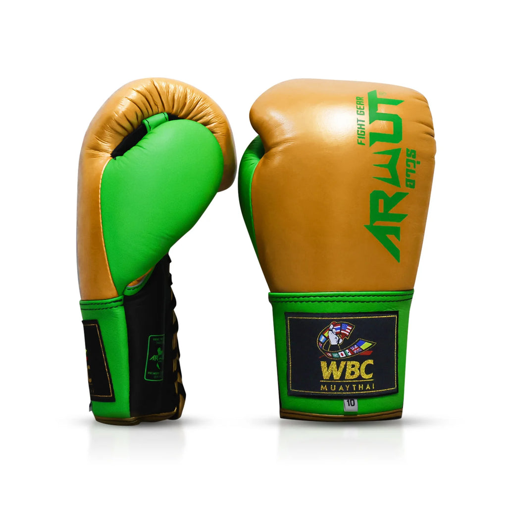 Arwut x WBC BG3 bokshandschoenen, kleur Goud/Groen, zij- en voorkant