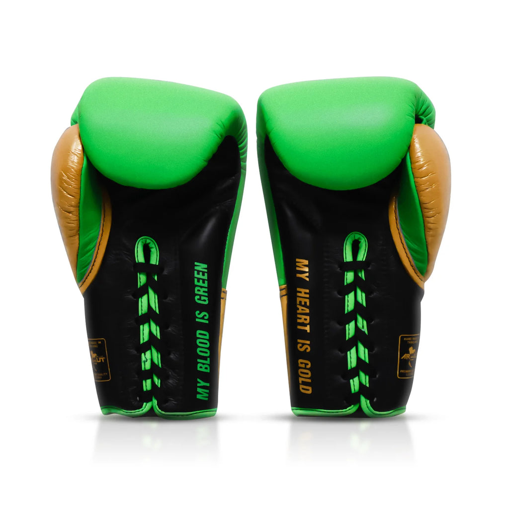 Arwut x WBC BG3 bokshandschoenen, kleur Groen/Goud, achterkant