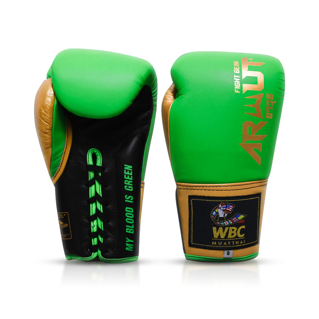 Arwut x WBC BG3 bokshandschoenen, kleur Groen/Goud, voor- en achterkant