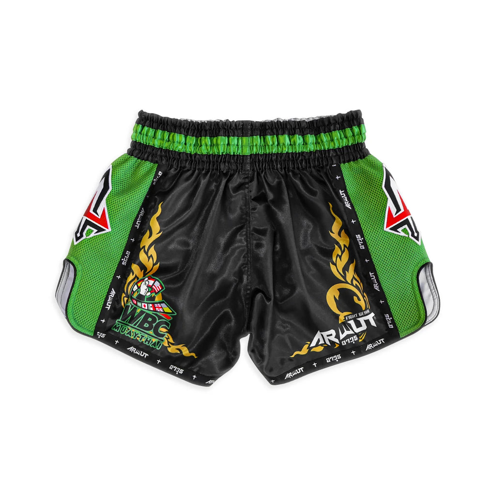 Arwut x WBC BS2 boxing shorts, kleur Zwart/Groen, achterkant