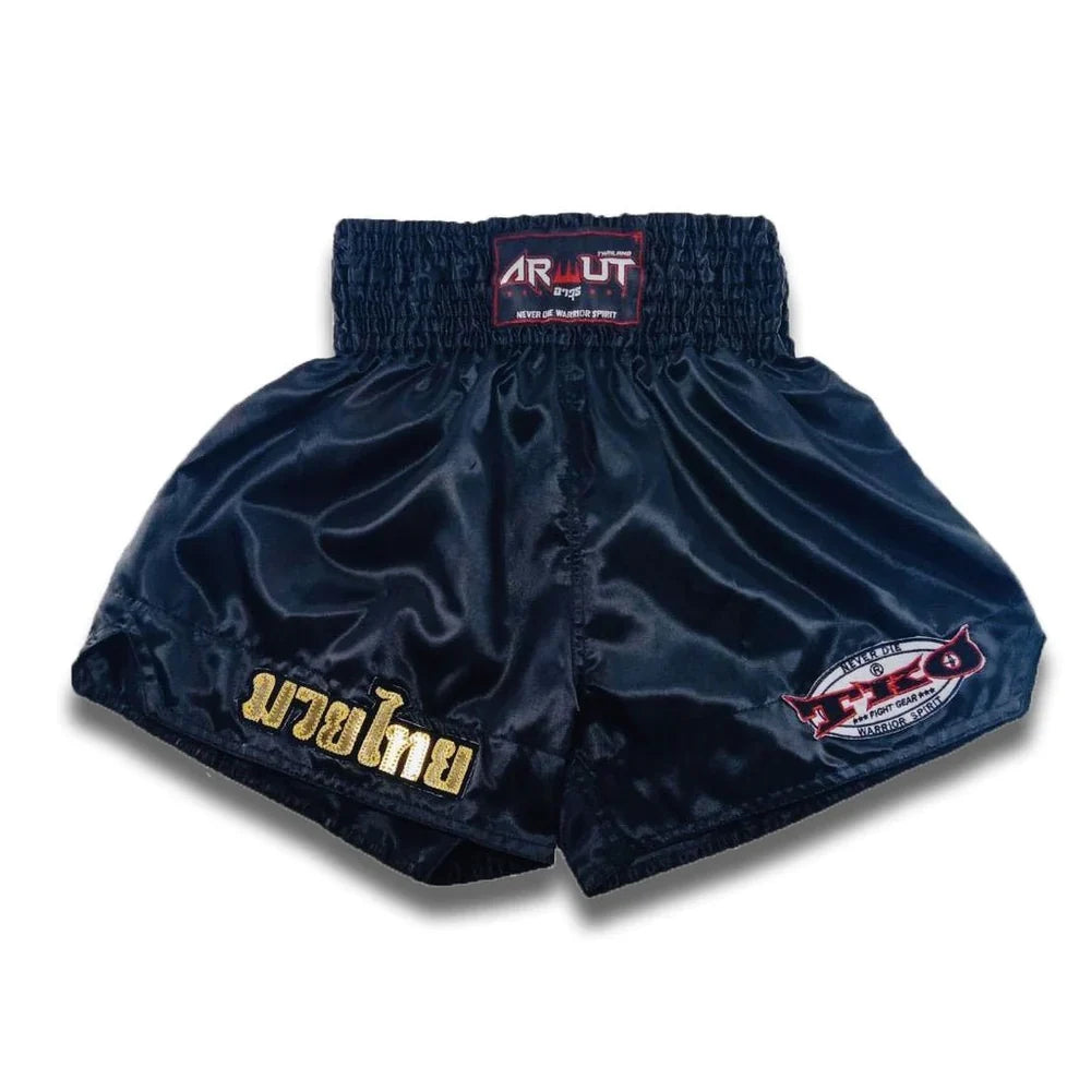 Arwut Muay Thai BS1 Boxing shorts zwart/goud, voorkant