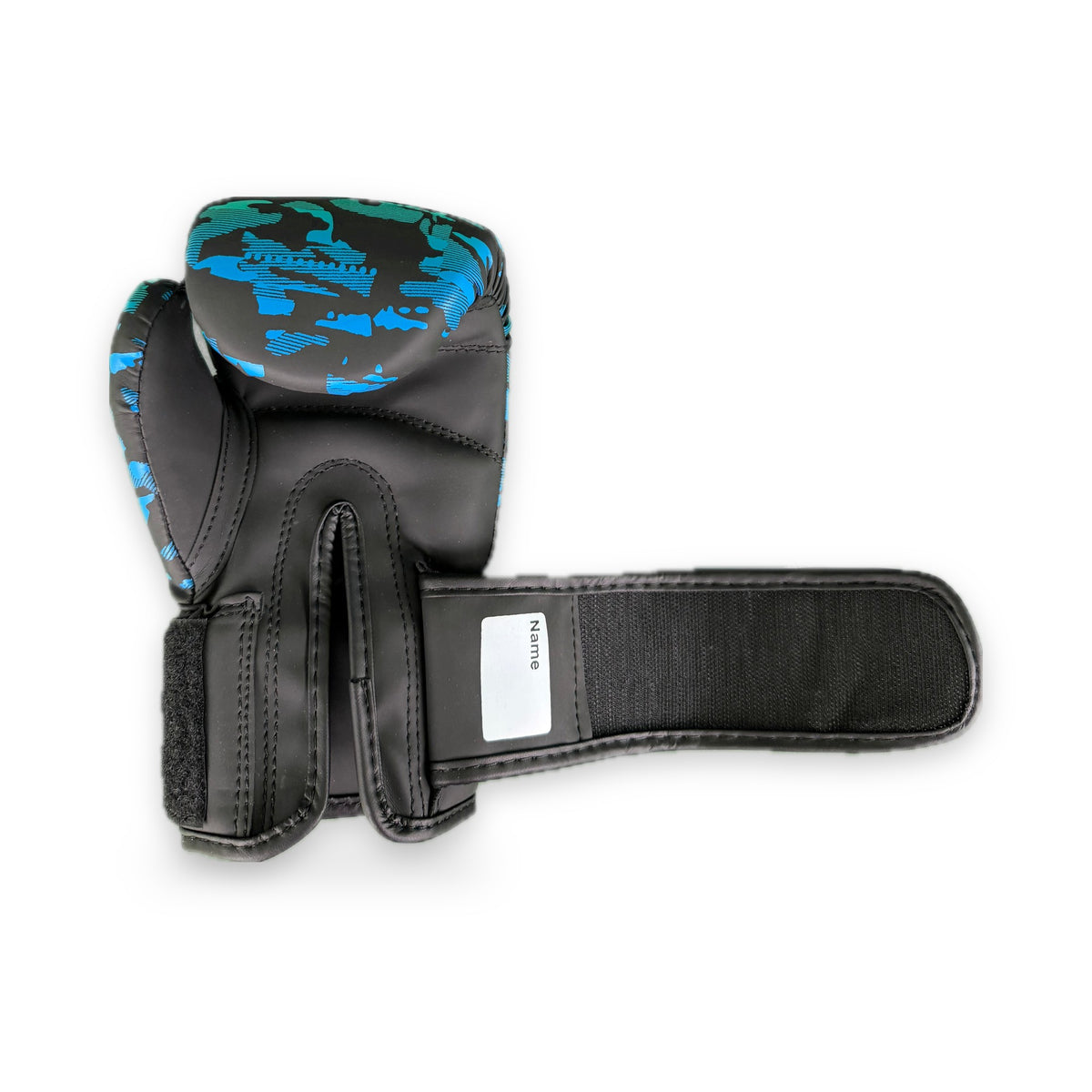CFG Muay Thai bokshandschoenen kids, kleur Camouflage blauw, sluiting open
