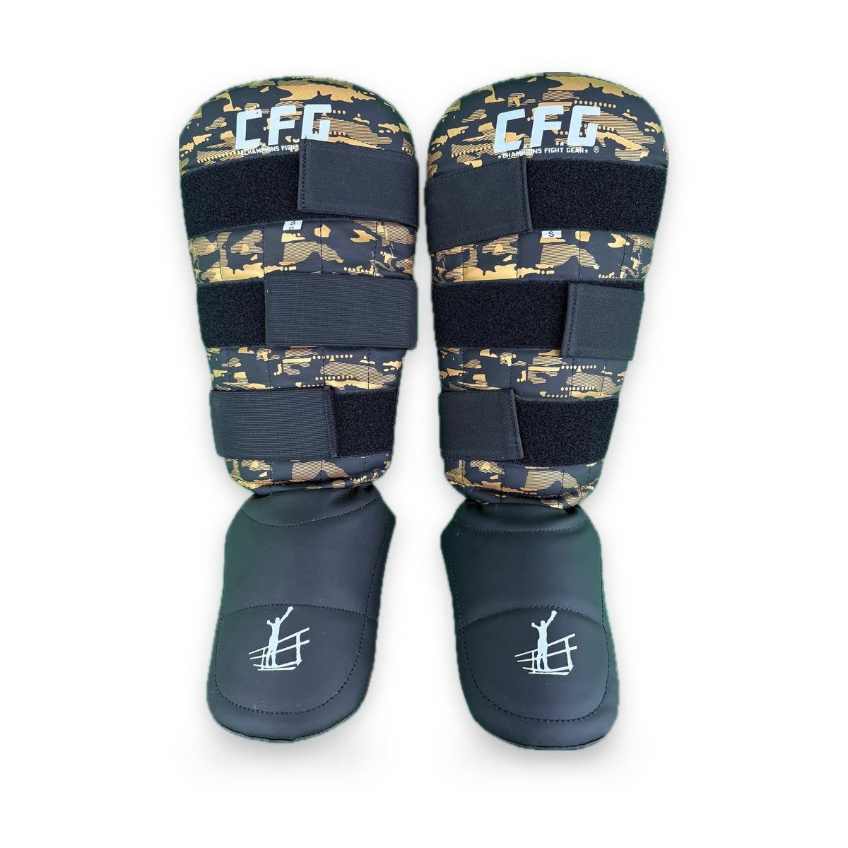 CFG Muay Thai scheenbeschermers kids, kleur Camouflage goud, voorkant