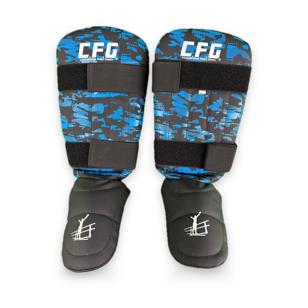 CFG Muay Thai scheenbeschermers kids, kleur Camouflage blauw, voorkant