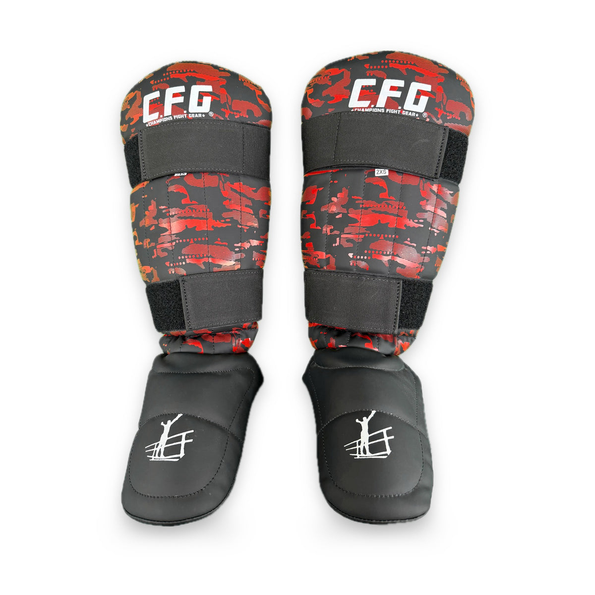 CFG Muay Thai scheenbeschermers kids, kleur Camouflage rood, voorkant