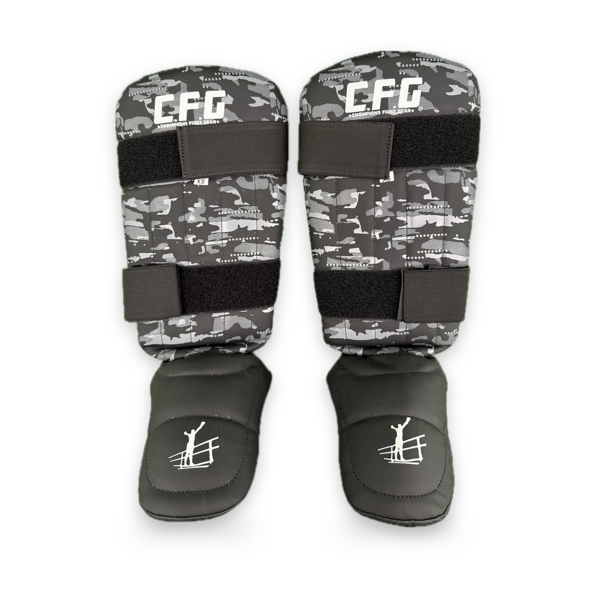 CFG Muay Thai scheenbeschermers kids, kleur Camouflage grijs, voorkant